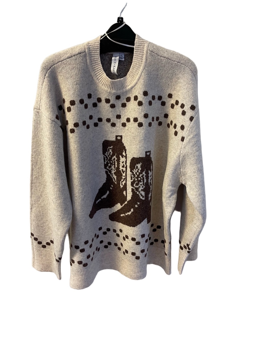 Grace + Karma Women’s Cream Brown Sweater w/ Brown Cowboy Boot Motif Sz XL NWT